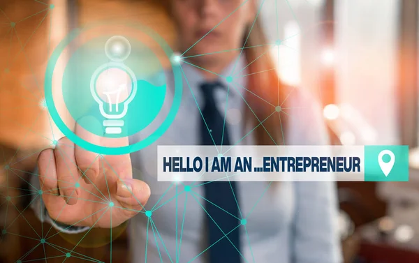 Text sign showing Hello I Am An Entrepreneur. Conceptual photo demonstrating who sets up a business or startups Female human wear formal work suit presenting presentation use smart device.