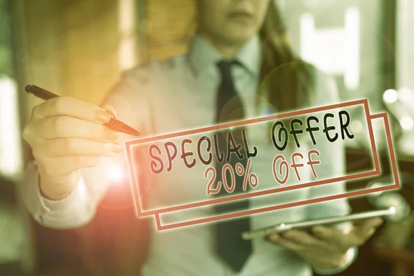 Text sign showing Special Offer 20 Percent Off. Conceptual photo Discounts promotion Sales Retail Marketing Offer Blurred woman in the background pointing with finger in empty space.