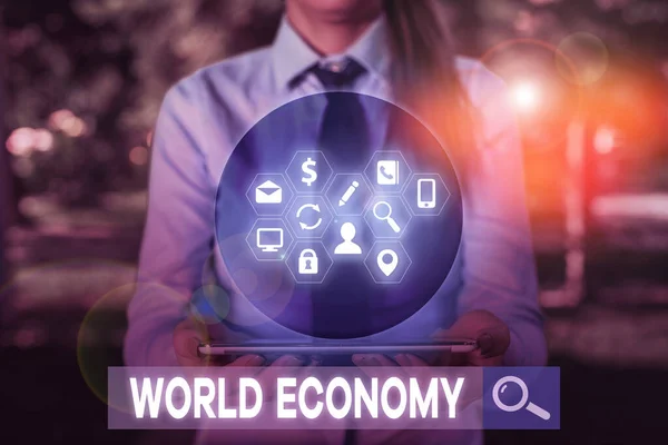 Writing note showing World Economy. Business photo showcasing Global Worldwide International markets trade money exchange. — Stock Photo, Image