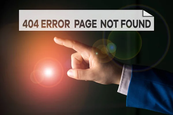 Writing note showing 404 Error Page Not Found. Business photo showcasing Webpage on Server has been Removed or Moved Isolated hand pointing with finger. Business concept pointing finger. — 스톡 사진