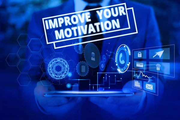 Conceptual hand writing showing Improve Your Motivation. Business photo showcasing Boost your self drive Enhance Motives and Goals Male wear formal suit presenting presentation smart device. — 图库照片