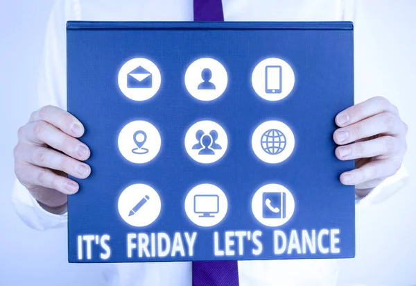 Handwriting text writing It S Friday Let S Dance. Concept meaning Celebrate starting the weekend Go party Disco Music Male human holding thick textured cardboard of business promotion concept.