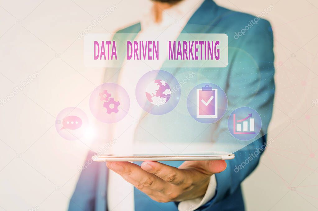Conceptual hand writing showing Data Driven Marketing. Business photo text Strategy built on Insights Analysis from interactions Male human wear formal suit presenting using smart device.