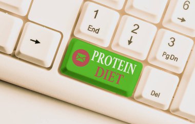 Kelime yazma Protein Diyeti. Düşük yağ veya karbonhidrat tüketim zayıflaması planı için iş konsepti Beyaz pc klavye üzerinde boş not kağıdı beyaz arkaplan anahtar alanı üzerinde.