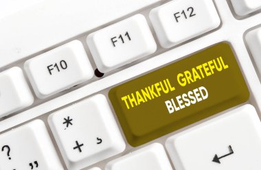 Minnettar Kutsanmış 'ı gösteren bir not yazıyorum. İş fotoğrafı gösterme minnettarlık iyi ruh hali tavır Beyaz bilgisayar klavyesi beyaz arka plan üzerinde not kağıt.