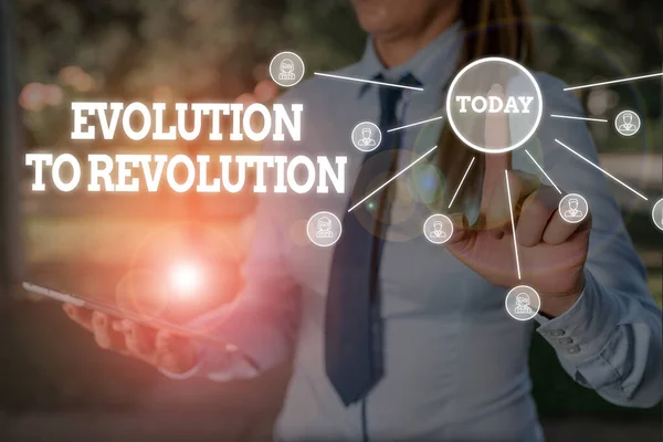 Writing note showing Evolution To Revolution. Business photo showcasing adapting to way of living for creatures and huanalysiss Woman wear formal work suit presenting presentation using smart device.