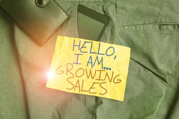 Hello I 'm Growing Sales' i gösteren bir not yazıyorum. İş fotoğraflarının sergilenmesi daha çok para kazandırıyor. Pantolonun ön cebinde daha büyük miktarlarda akıllı telefon cihazı ve cüzdan satıyor.. — Stok fotoğraf