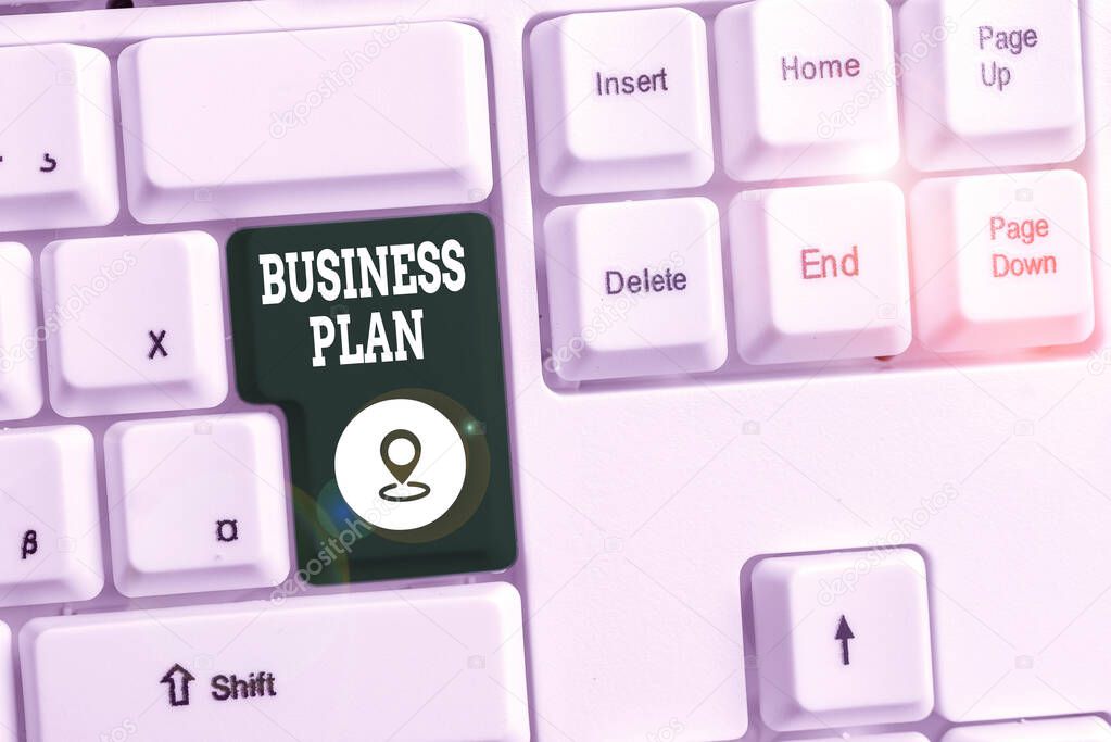 Conceptual hand writing showing Business Plan. Business photo text Structural Strategy Goals and Objectives Financial Projections White pc keyboard with note paper above the white background.