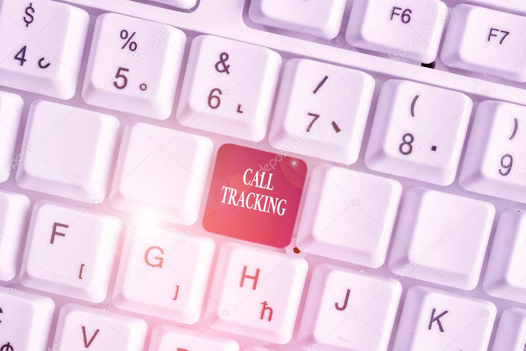 Text sign showing Call Tracking. Conceptual photo Organic search engine Digital advertising Conversion indicator White pc keyboard with empty note paper above white background key copy space.