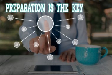 Anahtar kelime yazma hazırlığı. Bir şeyi hizmete hazırlamak veya kullanmak için iş konsepti Akıllı aygıt kullanarak sunum yapan resmi iş elbisesi giyin.