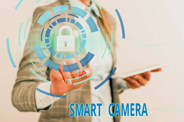 Word writing text Smart Camera. Business concept for individual image processing systems designed to automate Female human wear formal work suit presenting presentation use smart device. — Stock Photo, Image