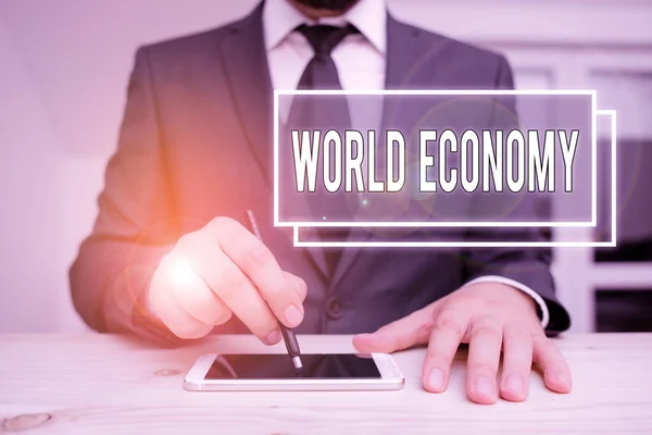 Handwriting text writing World Economy. Concept meaning Global Worldwide International markets trade money exchange. — Stock Photo, Image