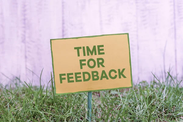 Handstilstextskrivning Tid för feedback. Begreppet betyder information om reaktioner på en produkt eller tjänster Enkelt tomt papper fäst vid en pinne och placerat i den gröna gräsbevuxna marken. — Stockfoto