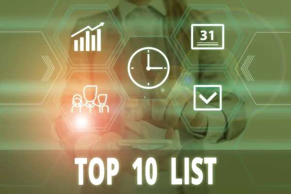 Writing note showing Top 10 List. Business photo showcasing the ten most important or successful items in a particular list Woman wear formal work suit presenting presentation using smart device. — Stock Photo, Image