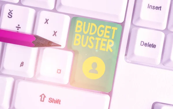 Writing note showing Budget Buster. Business photo showcasing Carefree Spending Bargains Unnecessary Purchases Overspending White pc keyboard with note paper above the white background. — Stock Photo, Image