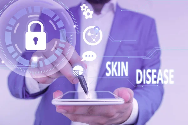 Handwriting text Skin Disease. Concept meaning any of the diseases or disorders that affect the huanalysis skin Male human wear formal work suit presenting presentation using smart device.