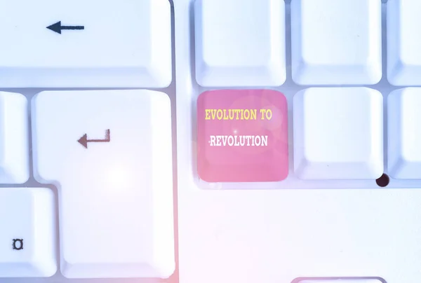 Text sign showing Evolution To Revolution. Conceptual photo adapting to way of living for creatures and huanalysiss White pc keyboard with empty note paper above white background key copy space. — Stock Photo, Image