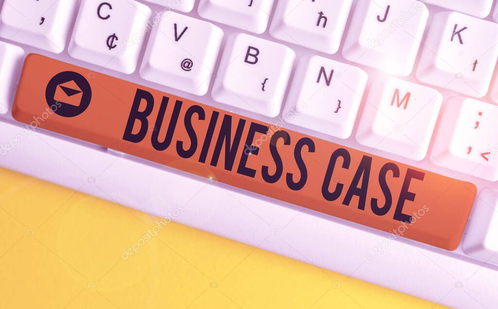 Word writing text Business Case. Business concept for Proposition Undertaking Verbal Presentation New Task White pc keyboard with empty note paper above white background key copy space.
