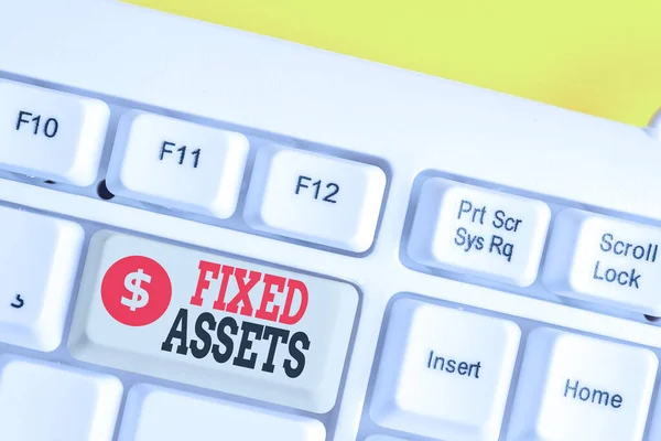Text sign showing Fixed Assets. Conceptual photo longterm tangible piece of property or equipment a firm owns White pc keyboard with empty note paper above white background key copy space.