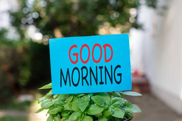 Writing note showing Good Morning. Business photo showcasing expressing good wishes on meeting or parting during the morning Plain paper attached to stick and placed in the grassy land. — Stockfoto