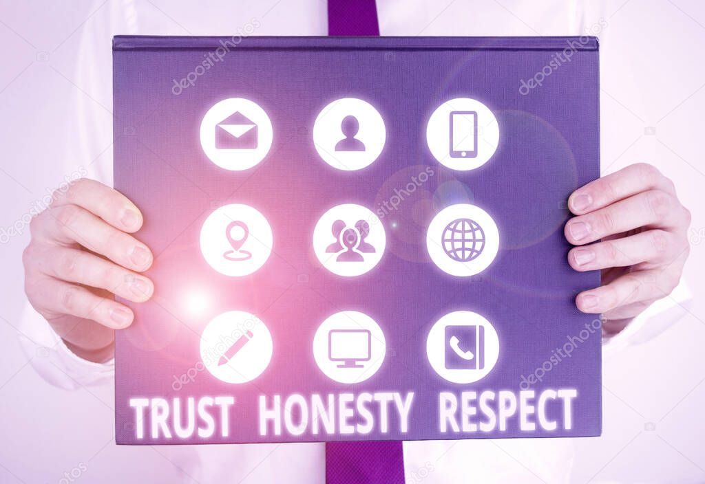 Handwriting text writing Trust Honesty Respect. Concept meaning Respectable Traits a Facet of Good Moral Character Male human holding thick textured cardboard of business promotion concept.