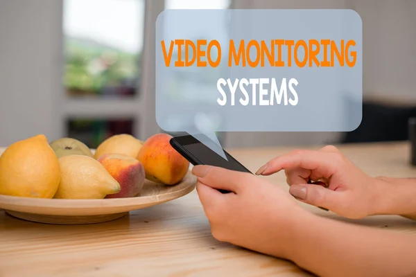Word writing text Video Monitoring Systems. Business concept for Surveillance Transmit capture Image to Digital Link woman using smartphone office supplies technological devices inside home.