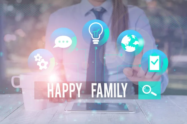 Handwriting text writing Happy Family. Concept meaning family members staying together spending quality time Female human wear formal work suit presenting presentation use smart device. — Stok fotoğraf