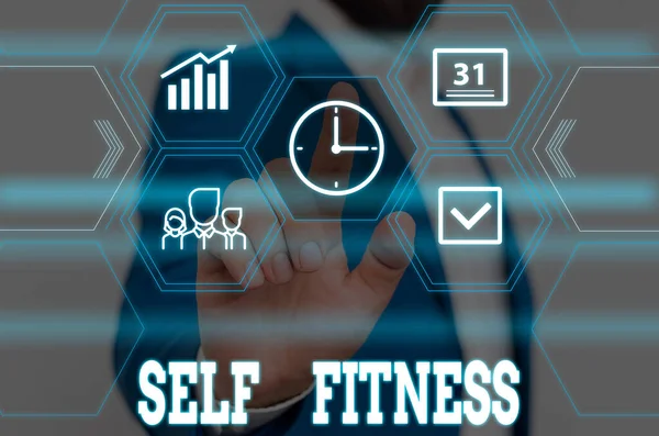 Psaný vzkaz ukazující Self Fitness. Obchodní foto ukazuje zdravotní stav a pohodu a schopnost provádět mužské oblečení formální pracovní oblek prezentaci inteligentní zařízení. — Stock fotografie