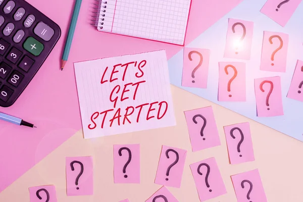Word writing text Let S Is Get Started. Business concept for to begin doing or working on something you had started Mathematics stuff and writing equipment above pastel colours background.