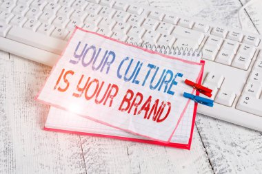 Word writing text Your Culture Is Your Brand. Business concept for Knowledge Experiences are a presentation card notebook paper reminder clothespin pinned sheet white keyboard light wooden.