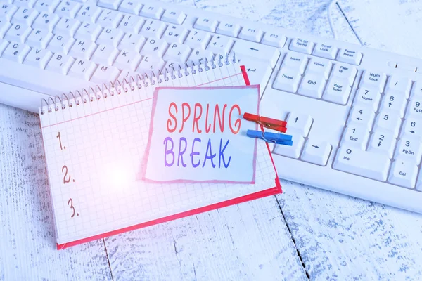 Conceptual hand writing showing Spring Break. Business photo showcasing week s is vacation for students in the spring typically at Easter notebook reminder clothespin with pinned sheet light wooden. — ストック写真