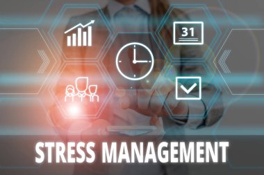 Writing note showing Stress Management. Business photo showcasing method of limiting stress and its effects by learning ways Woman wear formal work suit presenting presentation using smart device.