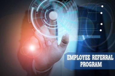 Text sign showing Employee Referral Program. Conceptual photo employees recommend qualified friends relatives Male human wear formal work suit presenting presentation using smart device.