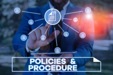 Handwriting text writing Policies And Procedure. Concept meaning list of rules defines customer and buyer rights Male human wear formal work suit presenting presentation using smart device.