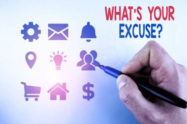 Writing note showing What S Your Excuse Question. Business photo showcasing Explanations for not doing something Inquiry Male designing layout presentation concept for business promotion.