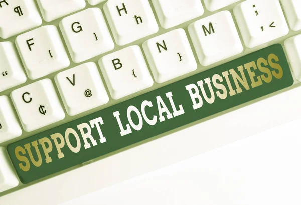 Text sign showing Support Local Business. Conceptual photo increase investment in your country or town White pc keyboard with empty note paper above white background key copy space.