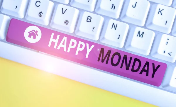 Writing note showing Happy Monday. Business photo showcasing telling that demonstrating order to wish him great new work week White pc keyboard with note paper above the white background. — Stok fotoğraf