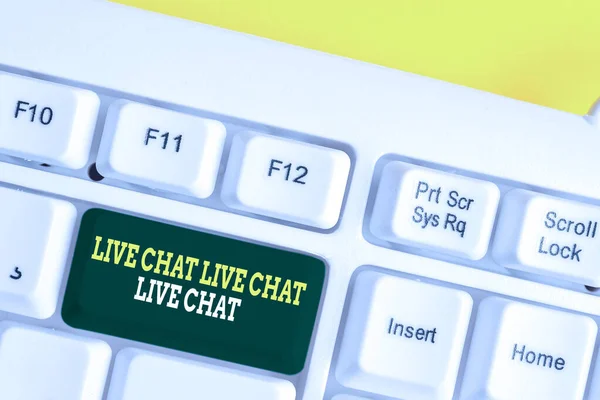 Word writing text Live Chat Live Chat Live Chat. Business concept for talking with showing friends relatives online White pc keyboard with empty note paper above white background key copy space. — Stok fotoğraf