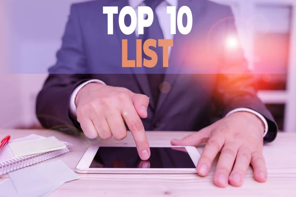 Handwriting text Top 10 List. Concept meaning the ten most important or successful items in a particular list.