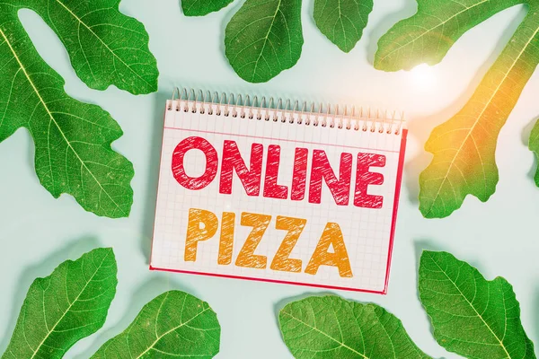 Escrita de mão conceitual mostrando Online Pizza. Texto de foto de negócios entrega rápida de pizza à sua porta Encomendar comida online . — Fotografia de Stock