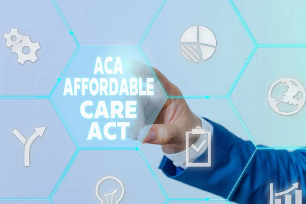 Text psaný rukou Aca Affordable Care Act. Koncepce znamená poskytování levné léčby pacientovi na několika místech Mužské lidské oblečení formální pracovní oblek prezentaci pomocí chytrého zařízení. — Stock fotografie