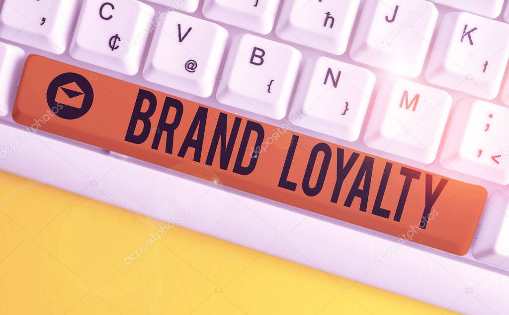 Word writing text Brand Loyalty. Business concept for Repeat Purchase Ambassador Patronage Favorite Trusted White pc keyboard with empty note paper above white background key copy space.