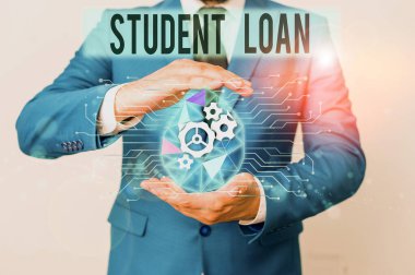 Conceptual hand writing showing Student Loan. Business photo showcasing financial assistance designed to help students pay for school Male human wear formal suit presenting using smart device.