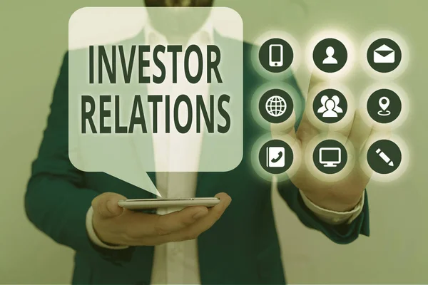 Conceptual hand writing showing Investor Relations. Business photo showcasing analysisagement responsibility that integrates finance. — Stockfoto
