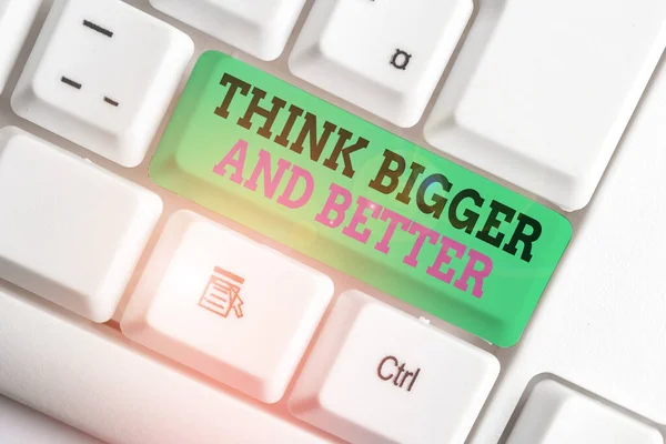 Handwriting text writing Think Bigger And Better. Concept meaning no Limits be Open minded Positivity Big Picture White pc keyboard with empty note paper above white background key copy space.