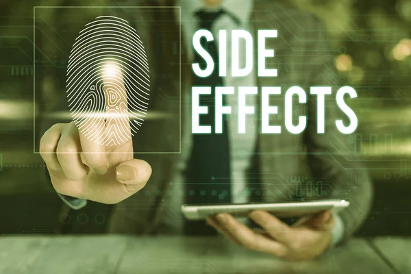 Text sign showing Side Effects. Conceptual photo secondary undesirable effect of a drug or medical treatment Woman wear formal work suit presenting presentation using smart device.