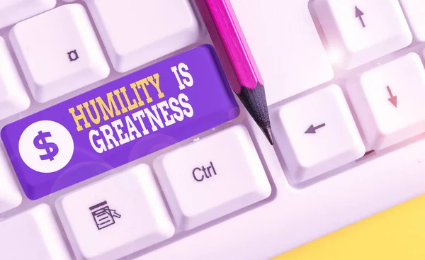 Word writing text Humility Is Greatness. Business concept for being Humble is a Virtue not to Feel overly Superior White pc keyboard with empty note paper above white background key copy space. — Stockfoto