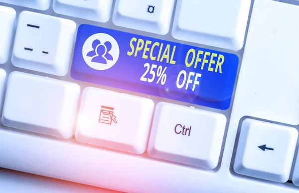 Handwriting text writing Special Offer 25 Percent Off. Concept meaning Discounts promotion Sales Retail Marketing Offer White pc keyboard with empty note paper above white background key copy space. — ストック写真