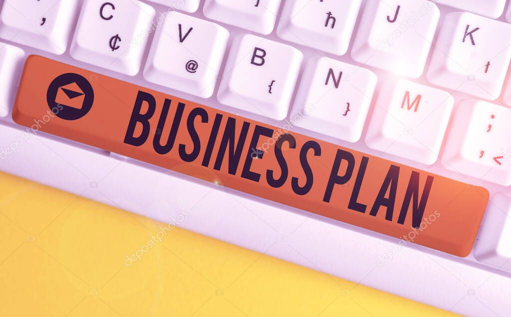 Word writing text Business Plan. Business concept for Structural Strategy Goals and Objectives Financial Projections White pc keyboard with empty note paper above white background key copy space.
