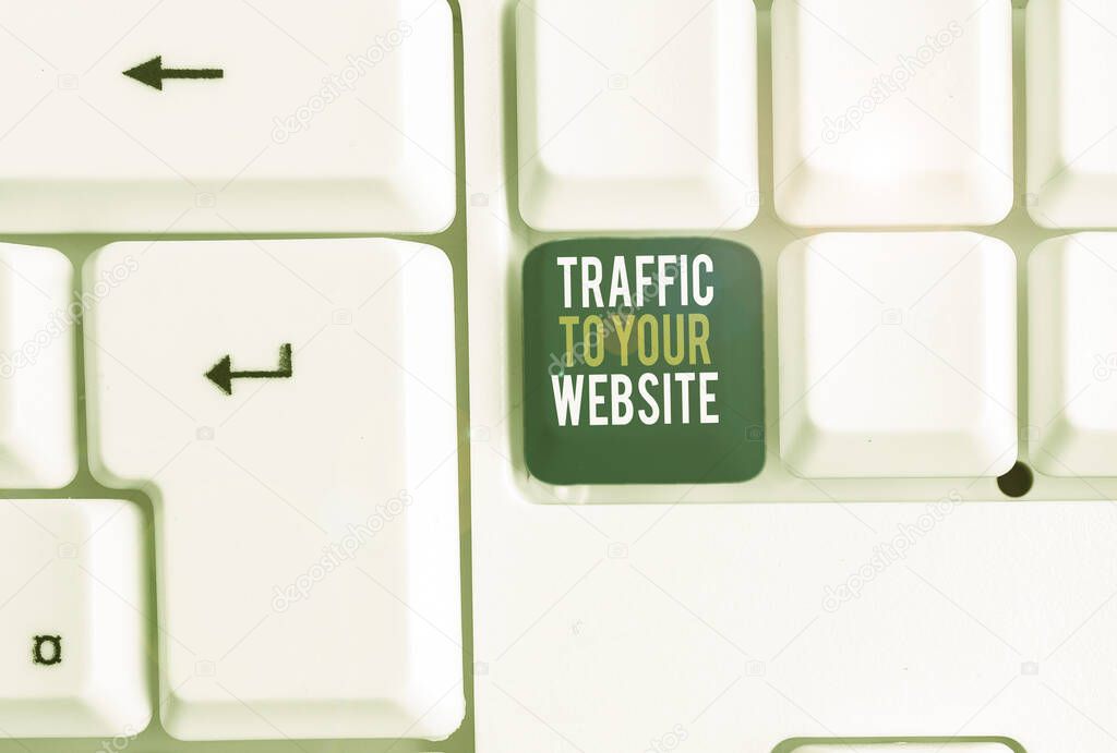 Conceptual hand writing showing Traffic To Your Website. Business photo showcasing Lifeblood of online business more Potential Leads White pc keyboard with note paper above the white background.